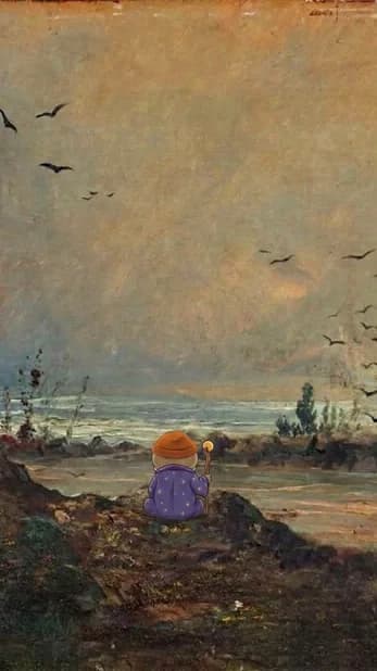 A small wizard in a purple starred robe and an orange hat sits on a grassy headland with a staff, looking out over a grey-green sea under a pale, bird-flecked sky, painted in the manner of a nineteenth-century oil sketch.